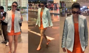 Urvashi Rautela Channels Her Inner Boss Lady Vibes In Orange Mini Dress Along With Blazer As She Gets Spotted At The Mumbai Airport